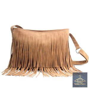 Faux Suede Tassel Hobo Crossbody Bag Adjustable Strap 14.3x10.3